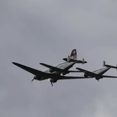 Classic Formation. Swissair Douglas DC-3 and three Beechcraft Model 18 Twin Beech.