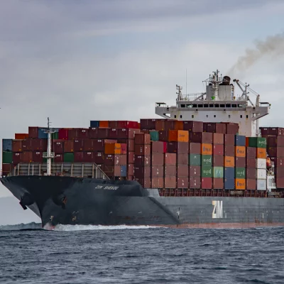 Container ship with smoke